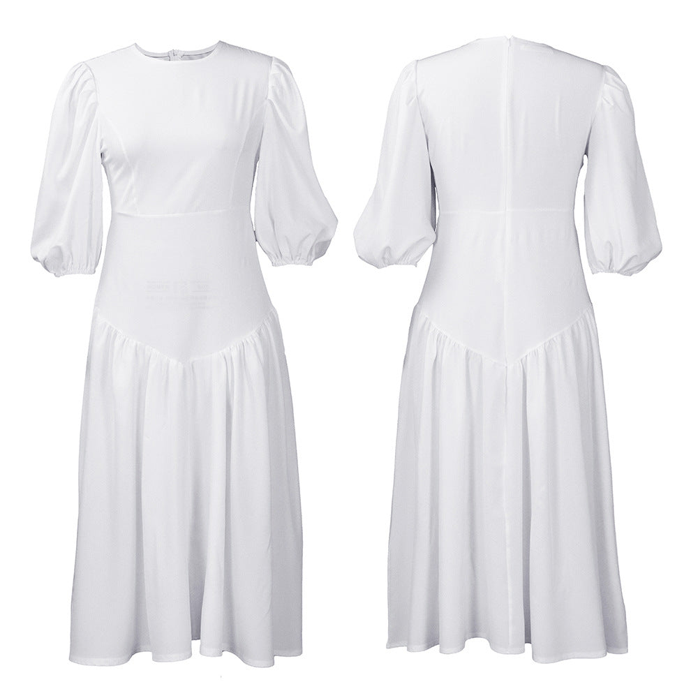 Long Puff Sleeve Pleat Casual Dresses Plus Size Fashion for Women