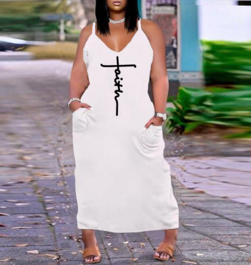 Loose Plus Size Faith Spaghetti Strap v Neck Dress With Pocket