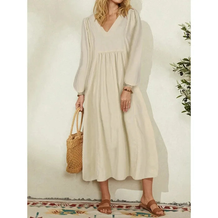 Women Casual Cotton and Linen Loose Lantern Sleeve Dress
