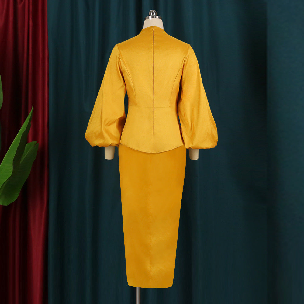 Women High Waist Slim Formal Stand Lantern Sleeve Long Dress