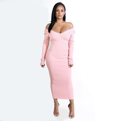 Women Long Sleeve Off Shoulder Knitted Sweater Dress