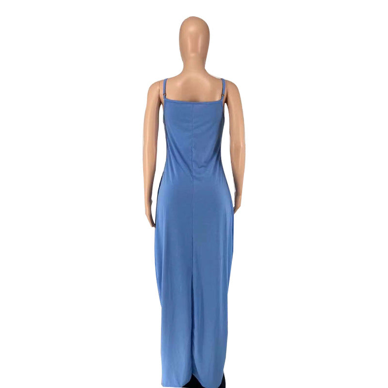 Summer Loose Faith Long Pocket Adjustable Spaghetti Strap Maxi Sundress
