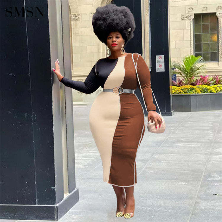 Patchwork Long Sleeve Plus Size Bodycon Dress for Women