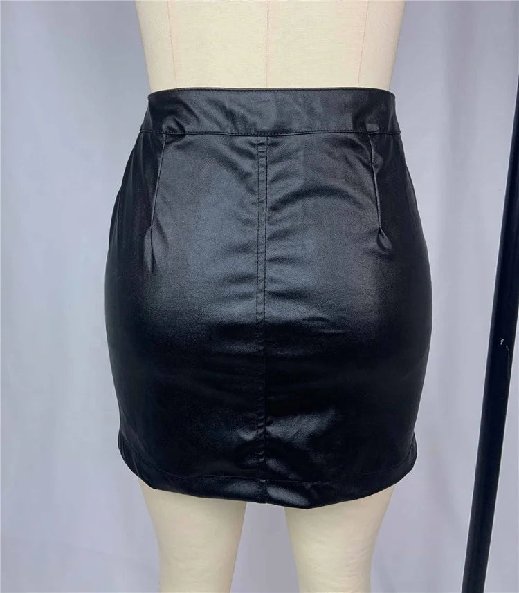 Women Pu Leather a Line Skirt Three Full Zip Pocketed