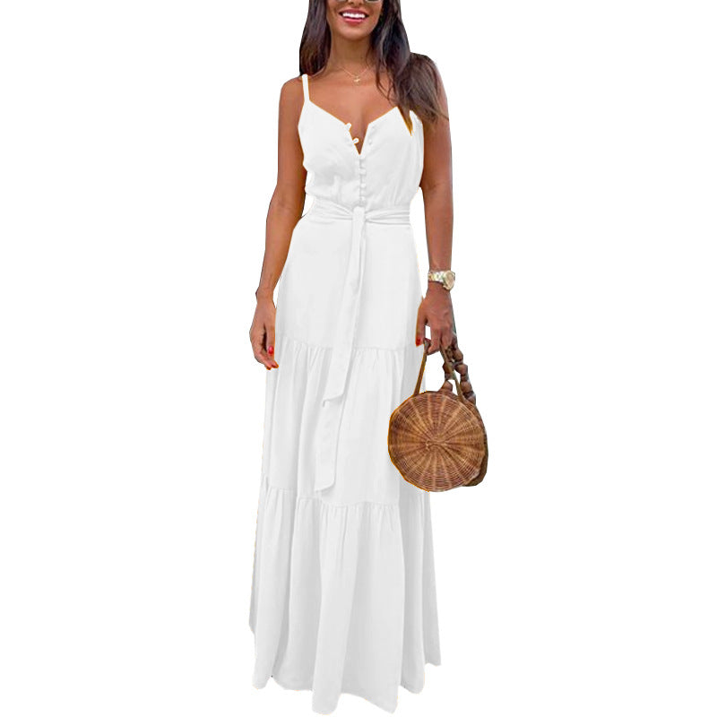 Summer Sleeveless Strapless Halter Button Up Solid Color Sundress