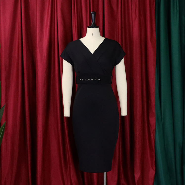 Elegant v Neck Belt Office Bodycon Cocktail Dress for Women