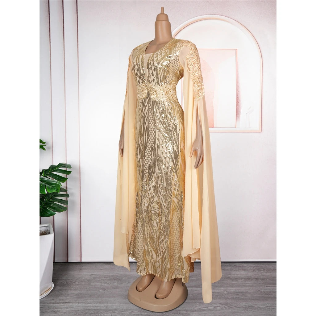 Women's Elegant V-Neck Cape Sleeve Sequin Dress in Plus Sizes
