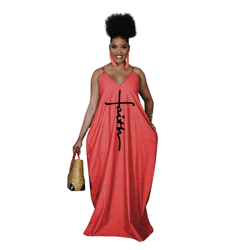 Summer Loose Faith Long Pocket Adjustable Spaghetti Strap Maxi Sundress