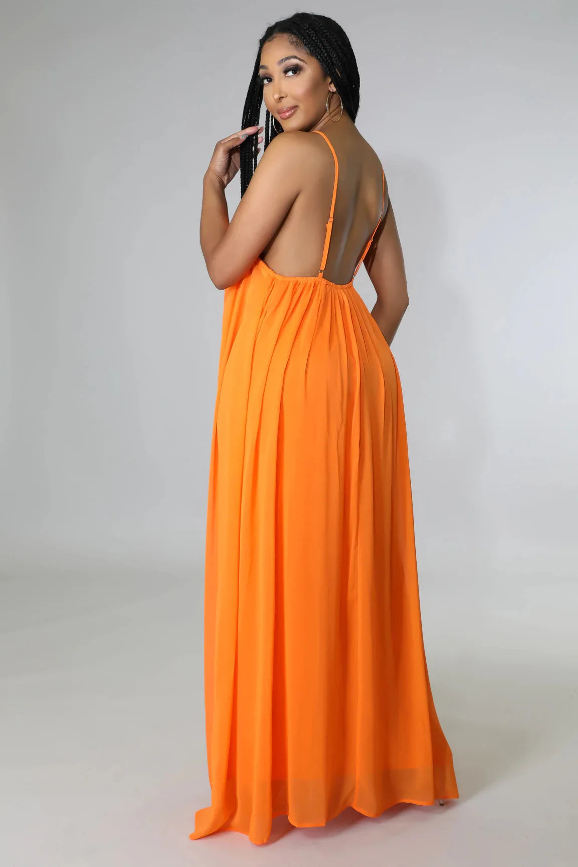 Women Casual Solid Color Backless Spaghetti Strap Long Chifon Dress