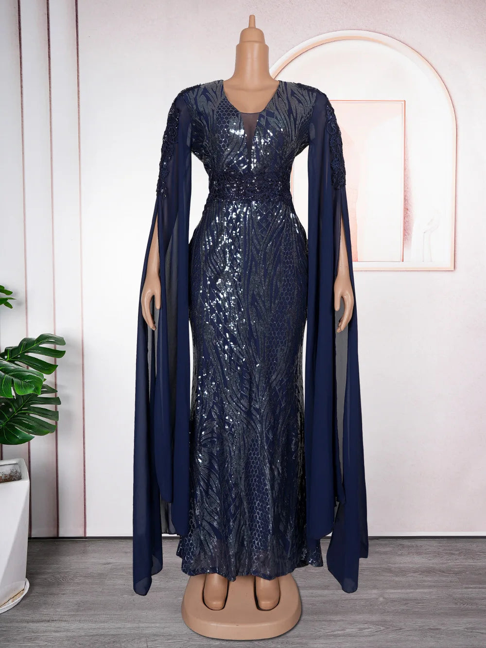 Women's Elegant V-Neck Cape Sleeve Sequin Dress in Plus Sizes