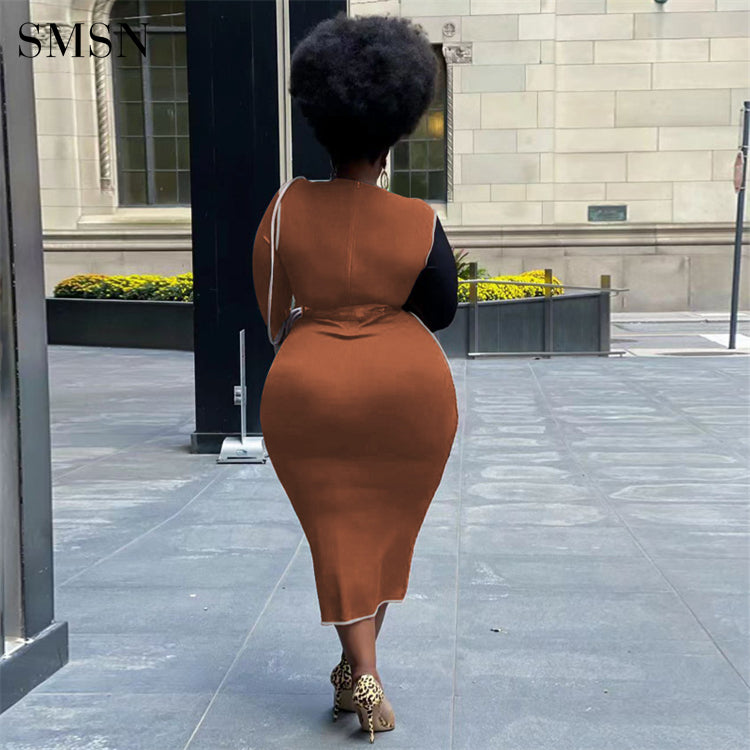 Patchwork Long Sleeve Plus Size Bodycon Dress for Women