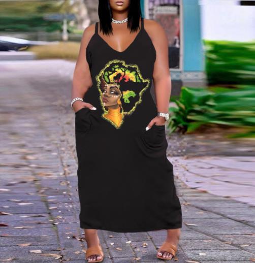Loose Plus Size Faith Spaghetti Strap v Neck Dress With Pocket