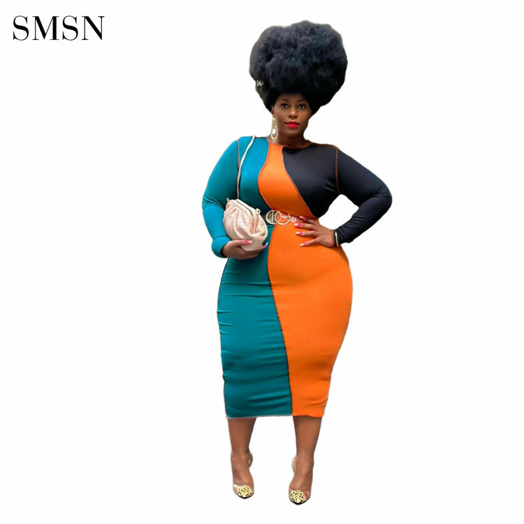 Patchwork Long Sleeve Plus Size Bodycon Dress for Women