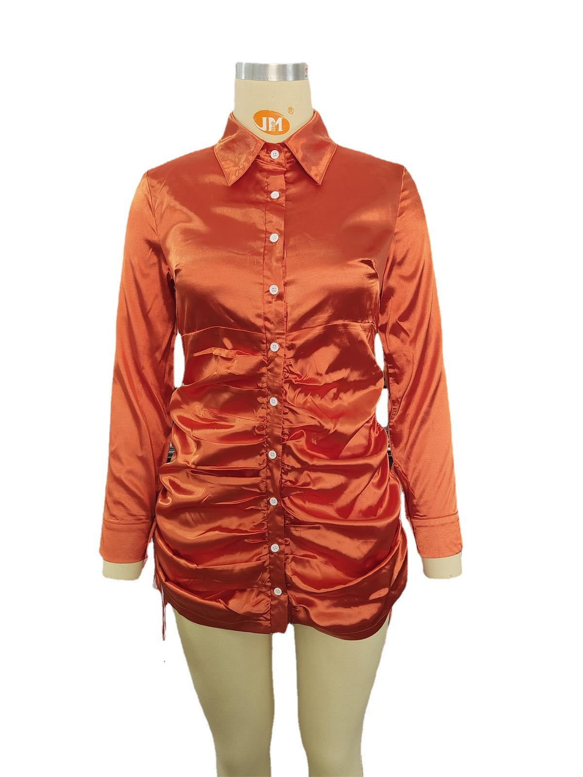 Women Pleated Long Sleeve Ruched Satin Shirt Dress