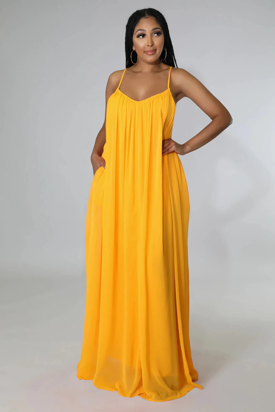 Women Casual Solid Color Backless Spaghetti Strap Long Chifon Dress