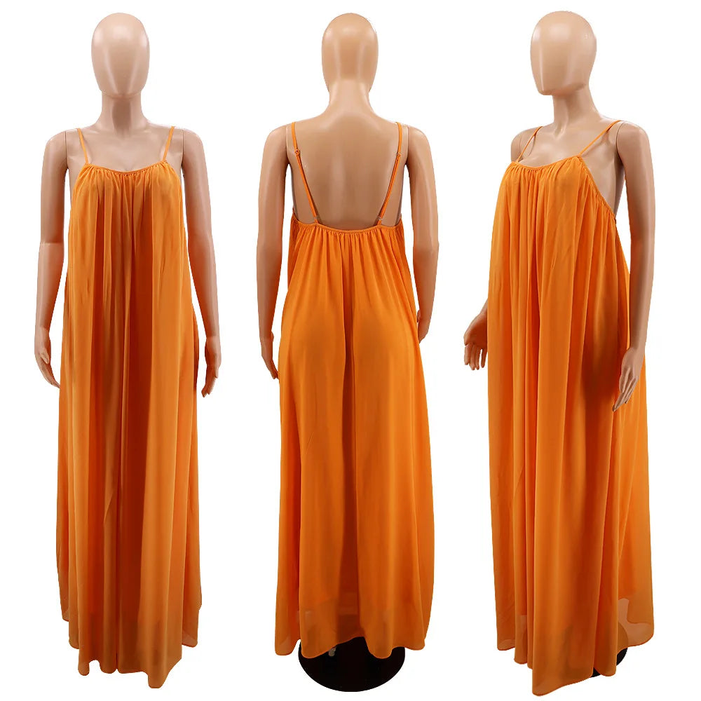 Women Casual Solid Color Backless Spaghetti Strap Long Chifon Dress