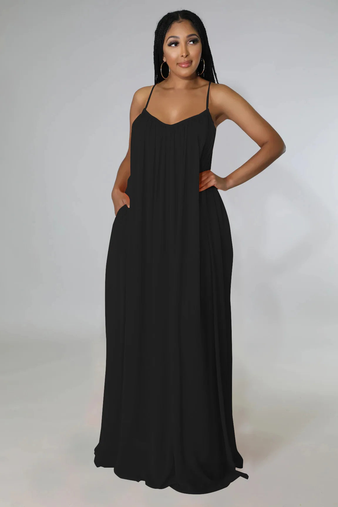 Women Casual Solid Color Backless Spaghetti Strap Long Chifon Dress