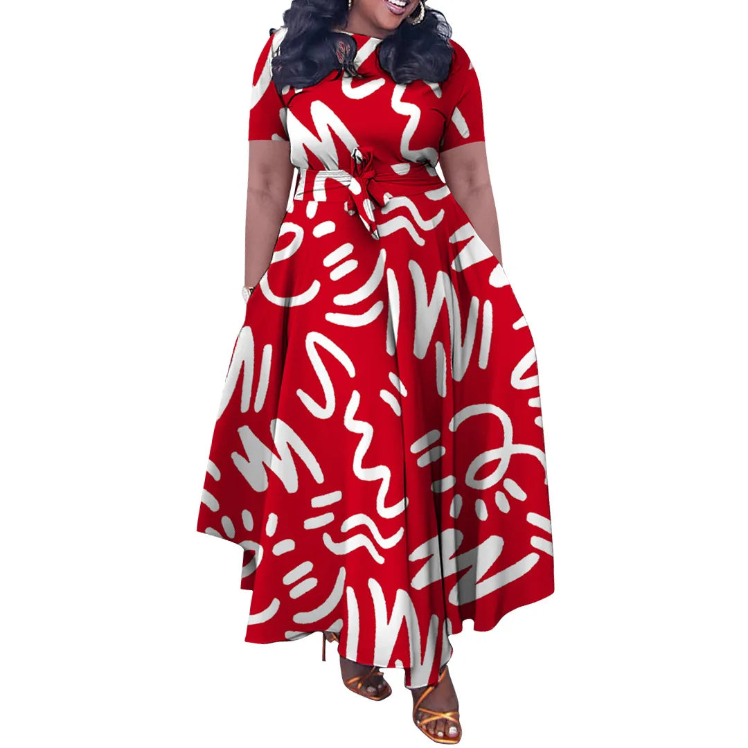 Women Casual Short Sleeve Lace Up Long Dress