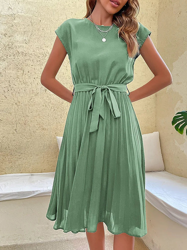 Women Summer Beach Short Sleeve Pleated Midi Dress