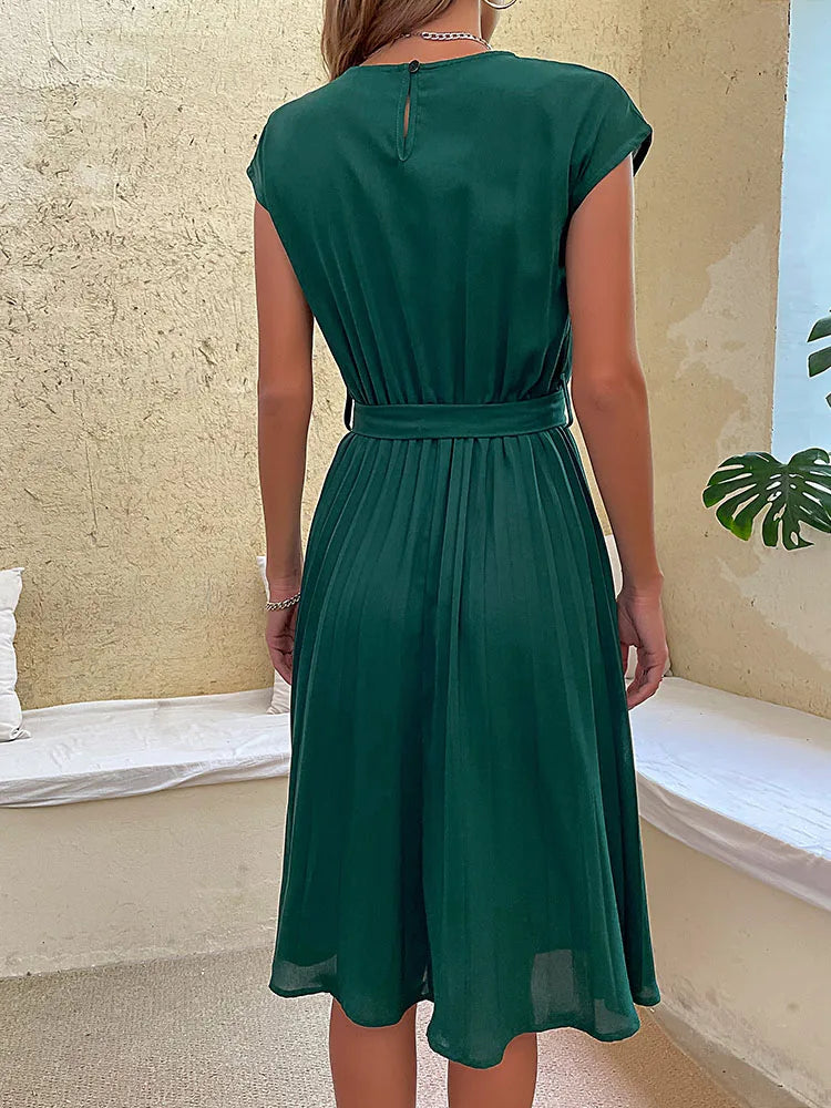 Women Summer Beach Short Sleeve Pleated Midi Dress