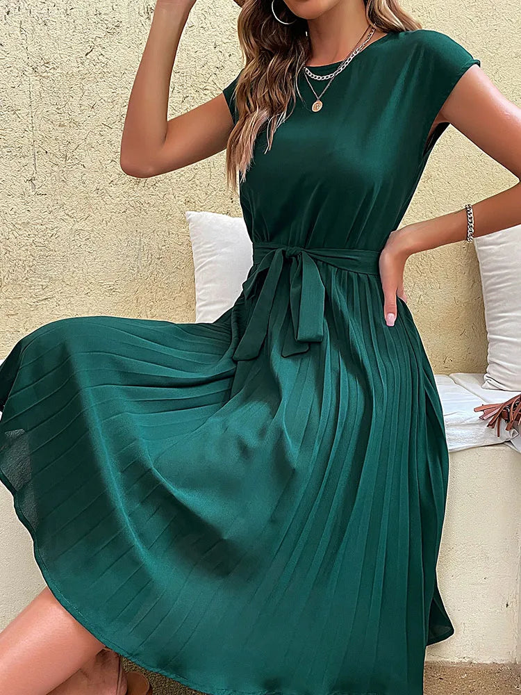 Women Summer Beach Short Sleeve Pleated Midi Dress