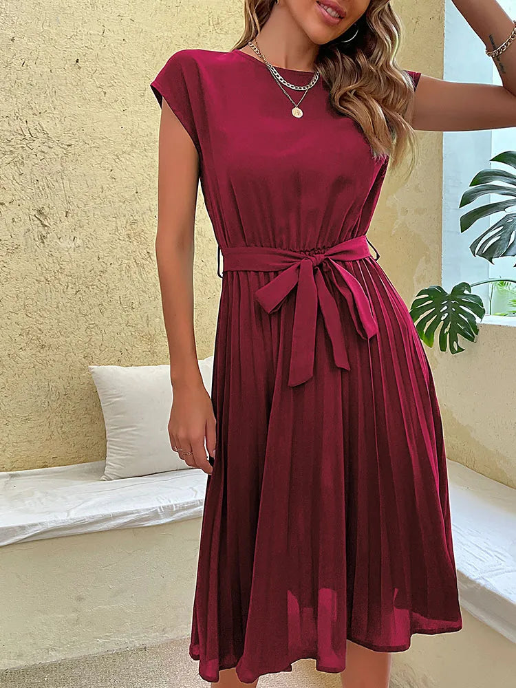 Women Summer Beach Short Sleeve Pleated Midi Dress