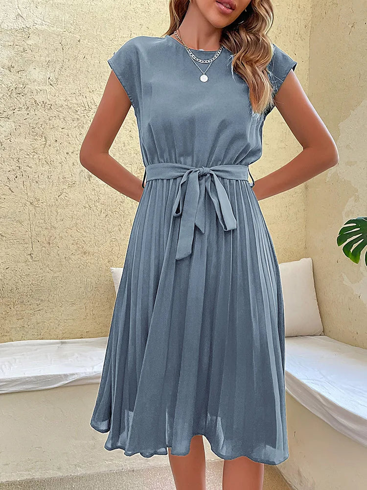 Women Summer Beach Short Sleeve Pleated Midi Dress