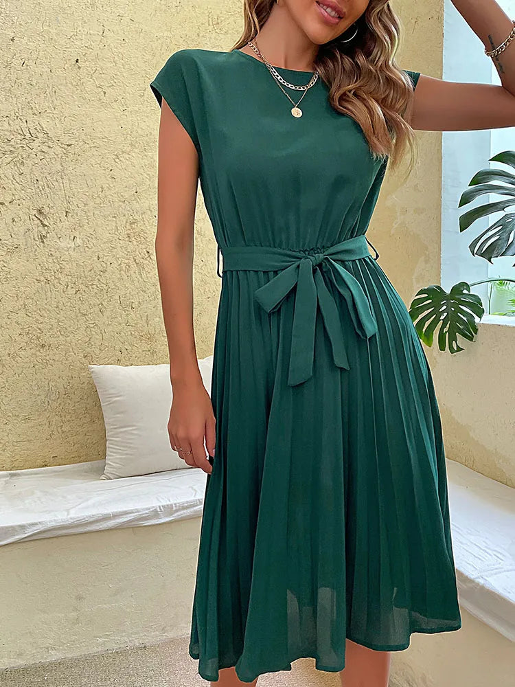 Women Summer Beach Short Sleeve Pleated Midi Dress