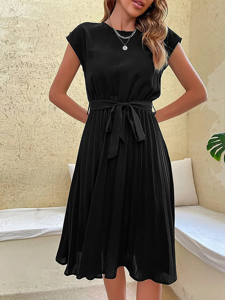 Women Summer Beach Short Sleeve Pleated Midi Dress