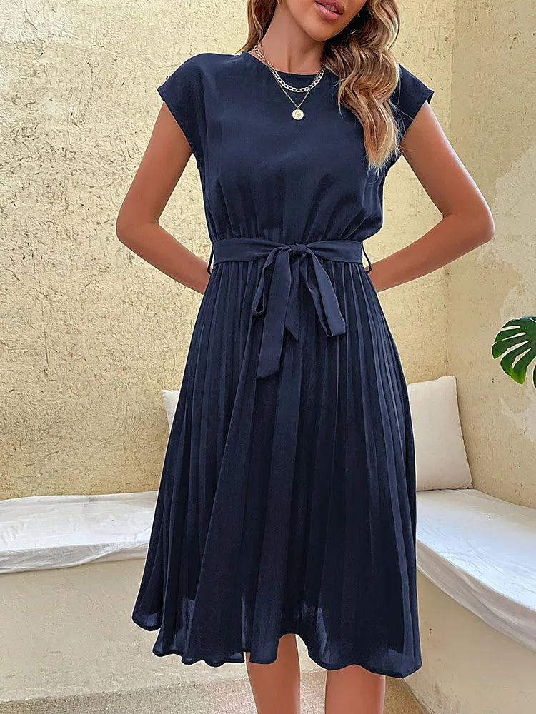 Women Summer Beach Short Sleeve Pleated Midi Dress