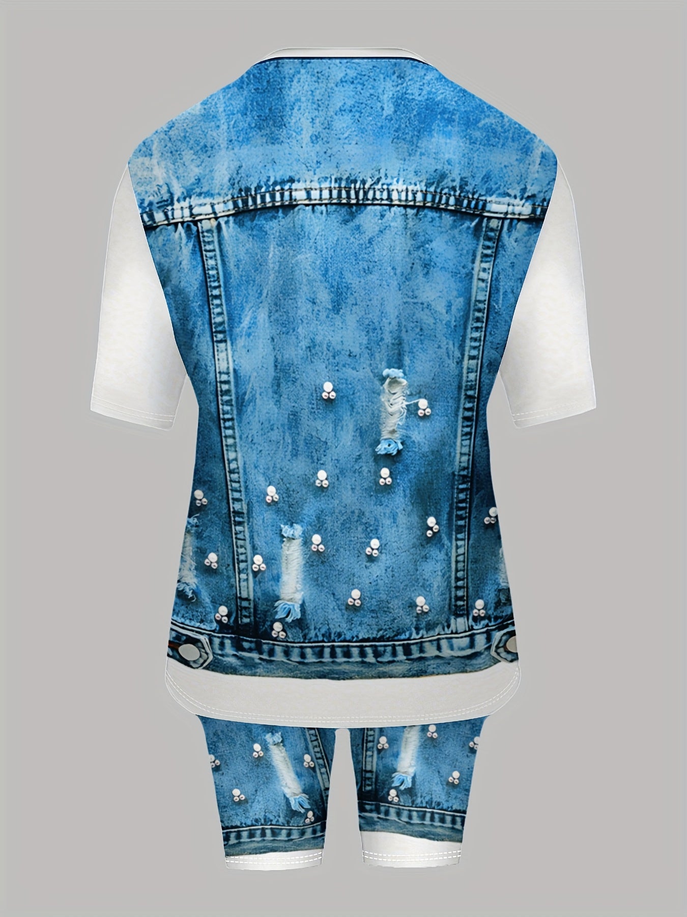 Plus Size Women's Two-Piece Set with All-Over Print - Short Sleeve, Round Neck, Loose Hem Top and Slim Leggings