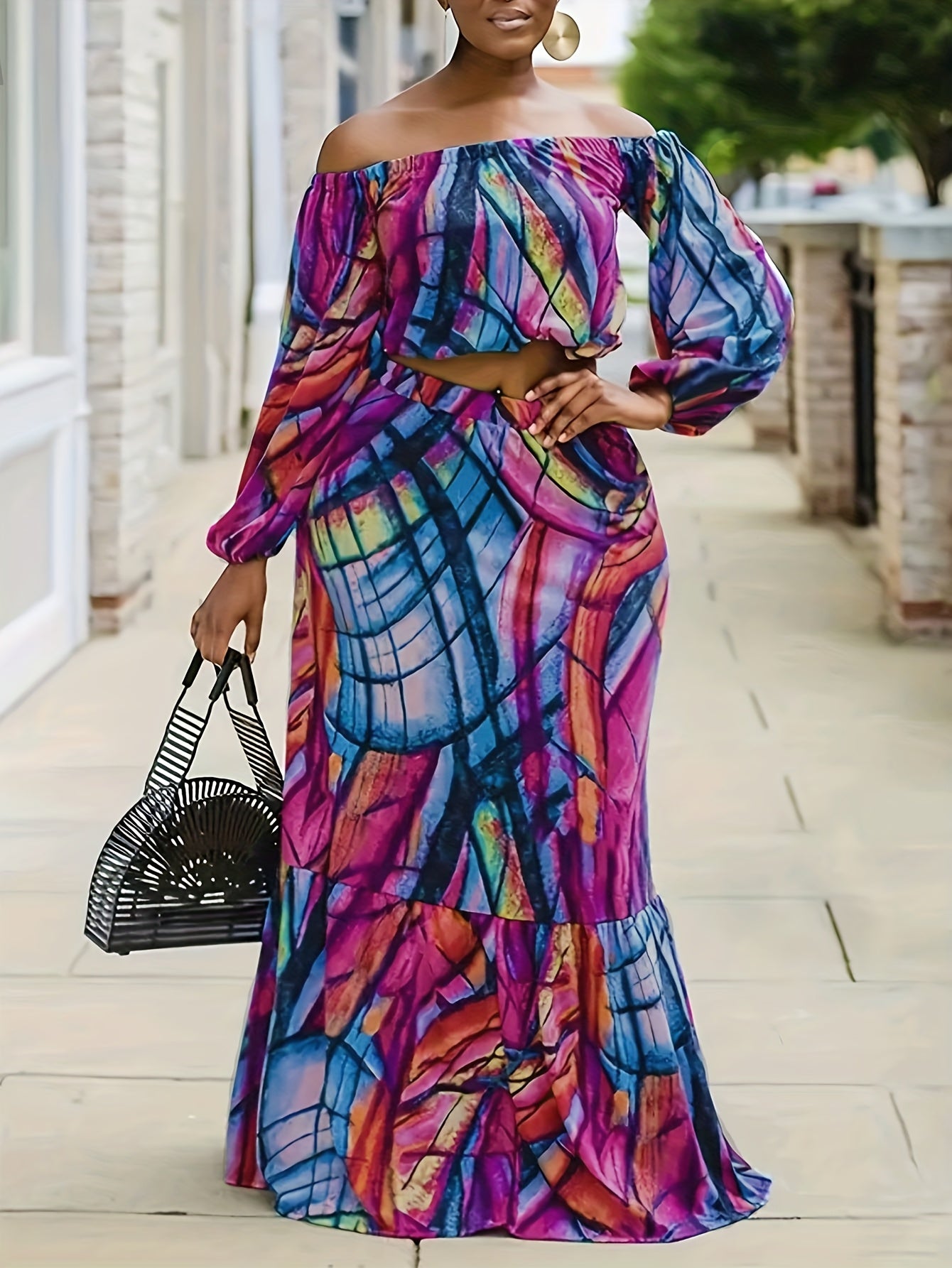 Summer Boho Off-Shoulder Crop Top & Tiered Skirt Set-Vibrant Abstract Print for A Relaxed Vacation Look