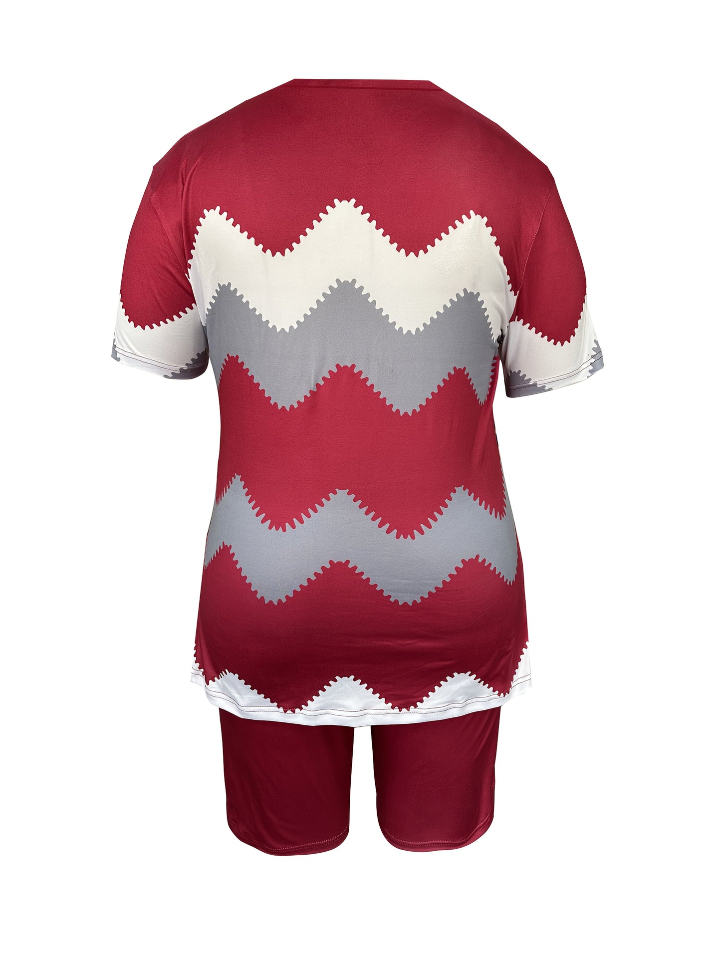 Plus - Size Women'S Casual Striped And Serrated - Printed Short - Sleeve Round - Neck Top And Pants Set