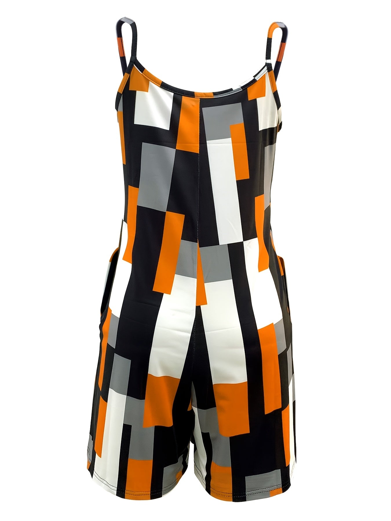 Print Summer Color Block V-Neck Sleeveless Jumpsuit with Pockets for Women - Stylish Orange, Black, White & Gray Polyester Blend Romper, Machine Washable