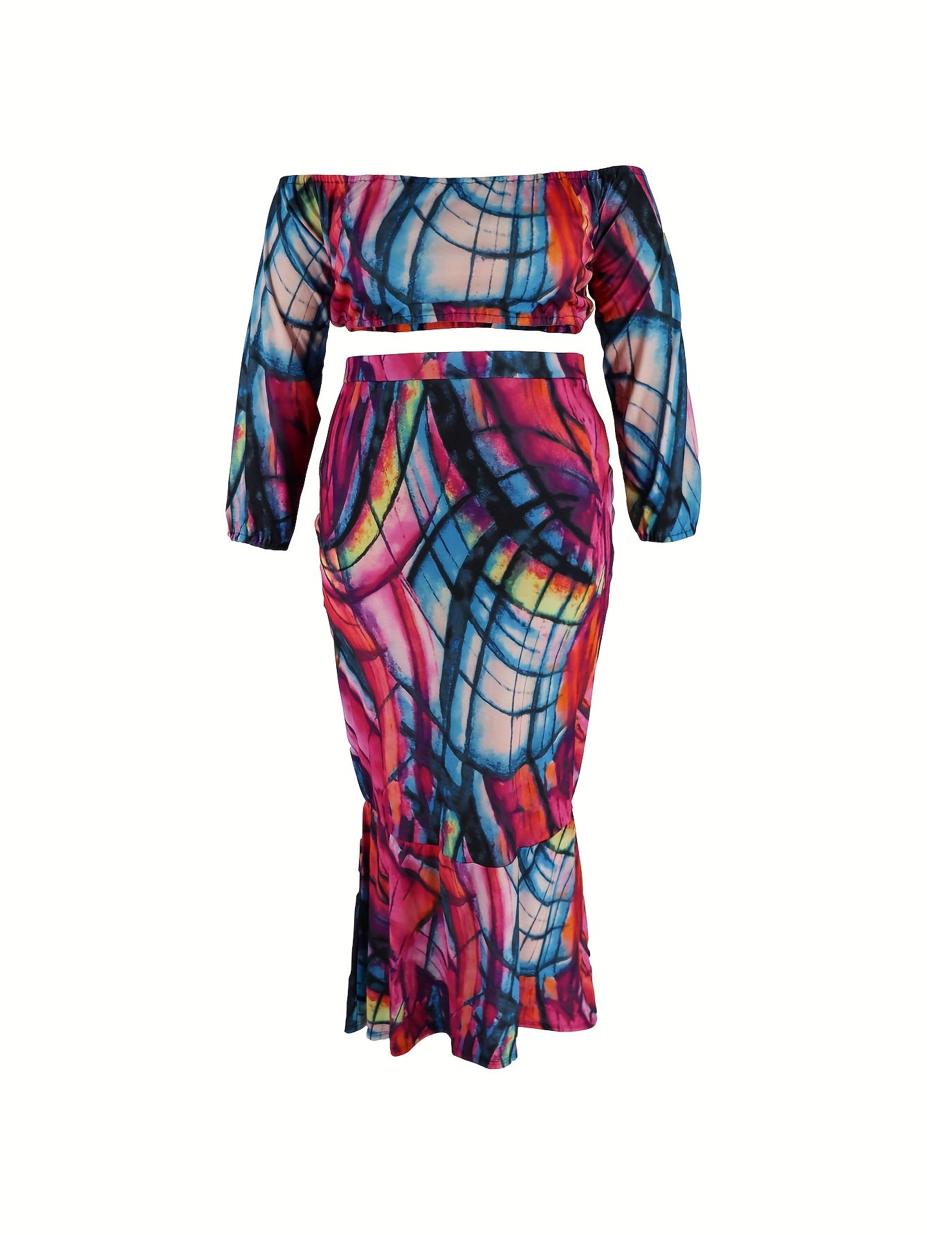 Summer Boho Off-Shoulder Crop Top & Tiered Skirt Set-Vibrant Abstract Print for A Relaxed Vacation Look