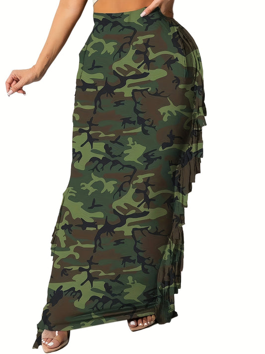 Women High Waist Sides Tassel Bodycon Maxi Skirt
