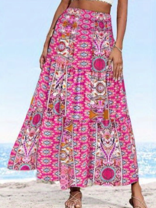 Women's High Waist Long Boho Floral A-Line Skirt - Lightweight Summer Machine-Washable Vibrant Small Floral Print for Travel, Beach, Shopping & Casual Outings, Skirt for Beach, Travel Outfit, Flowy Fabric, Comfortable Wear
