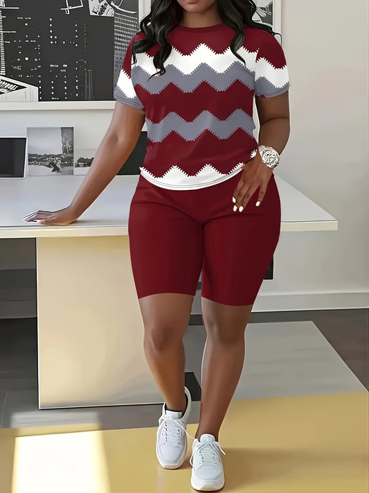 Plus - Size Women'S Casual Striped And Serrated - Printed Short - Sleeve Round - Neck Top And Pants Set