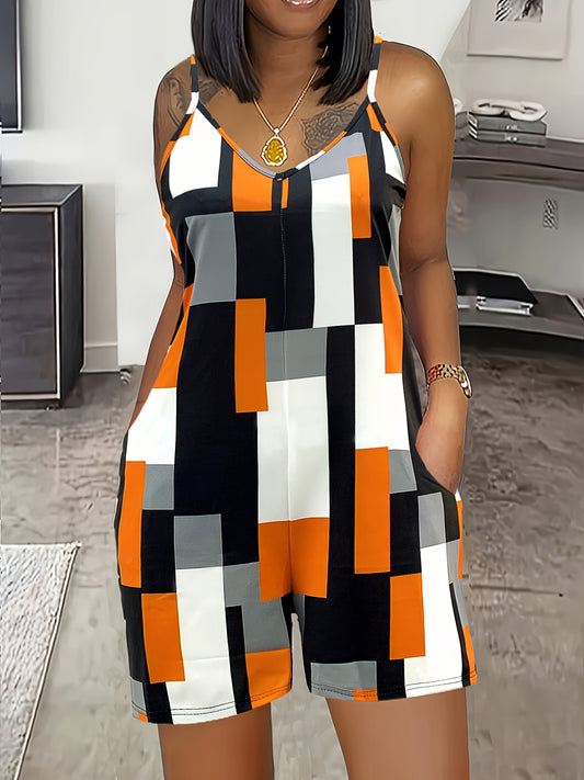 Print Summer Color Block V-Neck Sleeveless Jumpsuit with Pockets for Women - Stylish Orange, Black, White & Gray Polyester Blend Romper, Machine Washable