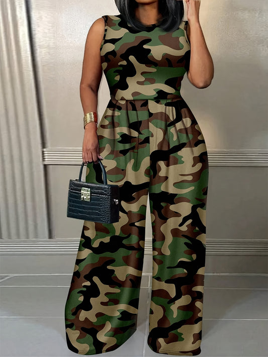 [Outdoor Adventures] Women's Plus Size Camouflage Print Jumpsuit - Casual Sleeveless Round Neck, Wide-Leg Design, Polyester, Machine Washable for Summer and Christmas, Everyday Jumpsuit | Sleeveless Jumpsuit | Comfortable Fit, Romper Jumpsuit