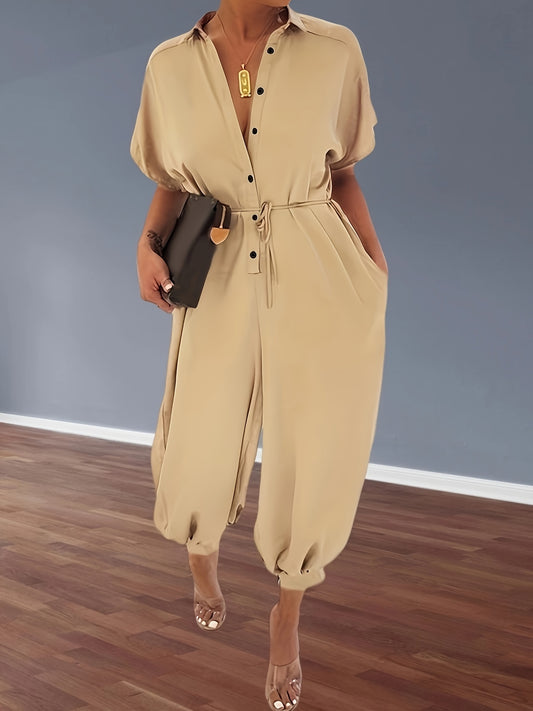 Women's Casual V-Neck Short Sleeve Jumpsuit Romper with Pockets & Adjustable Drawstring Waist - Loose Fit Nine-Tenths Length Pants, Machine Washable Solid Color All-Season Outfit