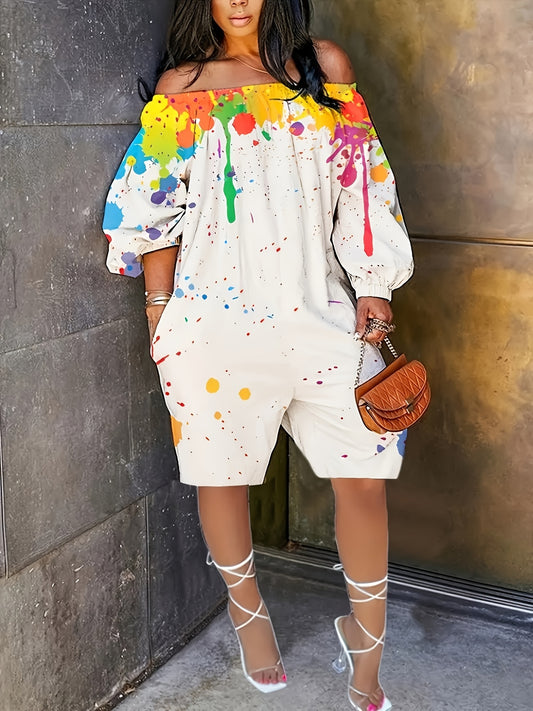 Plus Size Splash Ink Print Romper, Casual Off Shoulder Long Sleeve Romper, Women's Plus Size Clothing