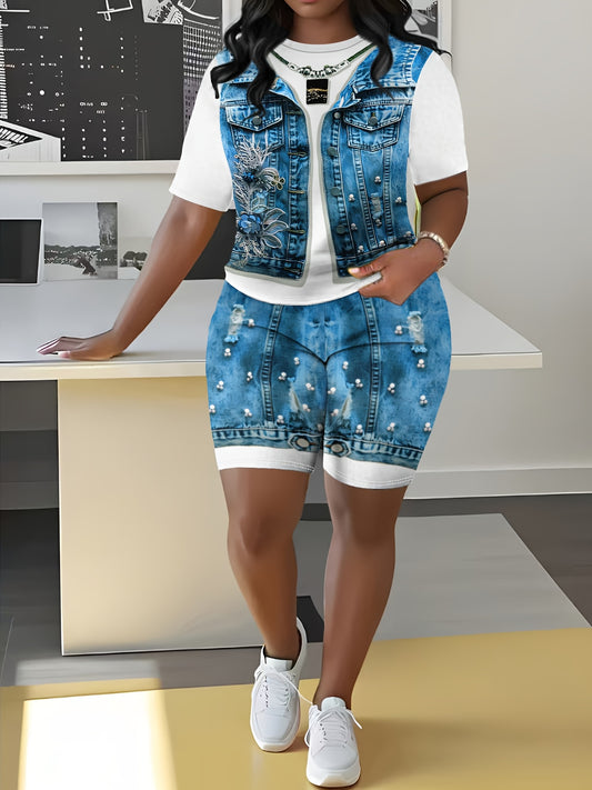 Plus Size Women's Two-Piece Set with All-Over Print - Short Sleeve, Round Neck, Loose Hem Top and Slim Leggings