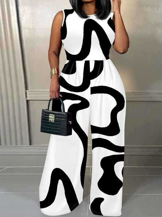 Women's Plus Size Geometric Print Jumpsuit - Casual Sleeveless Wide-Leg Design, Black & White Abstract Pattern, Polyester Knit Fabric, Machine Washable, Spring/Summer Collection, Casual Summer Wear | Sleeveless Jumpsuit | Flowing Fit