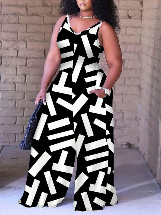 Plus Size Rectangular Printed Tank Jumpsuit, Summer Casual Sleeveless Romper, Women'S Plus Size Clothing.