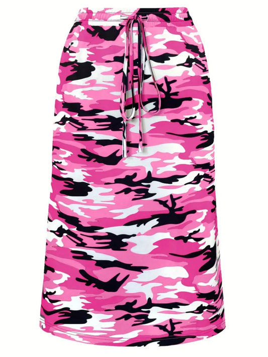 Plus Size Camo Print Skirt, Casual Drawstring Waist Skirt For Spring & Summer, Women's Plus Size Clothing