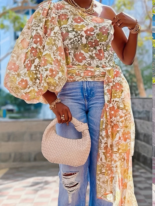 [Elegant Chiffon Print Top] Elegant Ladies Chiffon Print Tie Top - Large Size Cross Shoulder Bubble Sleeve