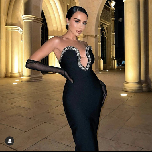 Vestido Elegant Black Strapless Crystal Long Evening Gown Women Plus Size