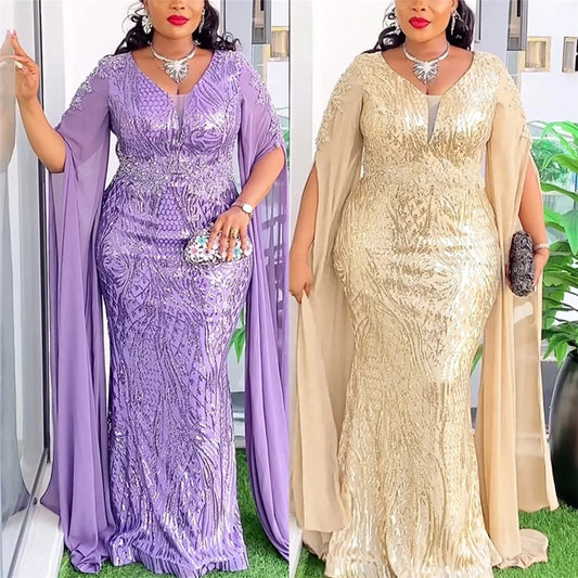 Women's Elegant V-Neck Cape Sleeve Sequin Dress in Plus Sizes