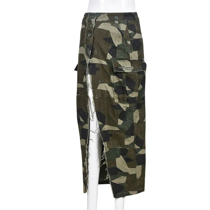 Women Camo Pocket Long High Slit Tassel Denim Skirt